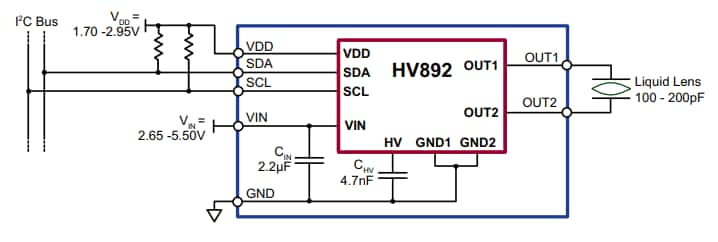 回路図 - Microchip Technology HV892液体レンズドライバ・デモボード